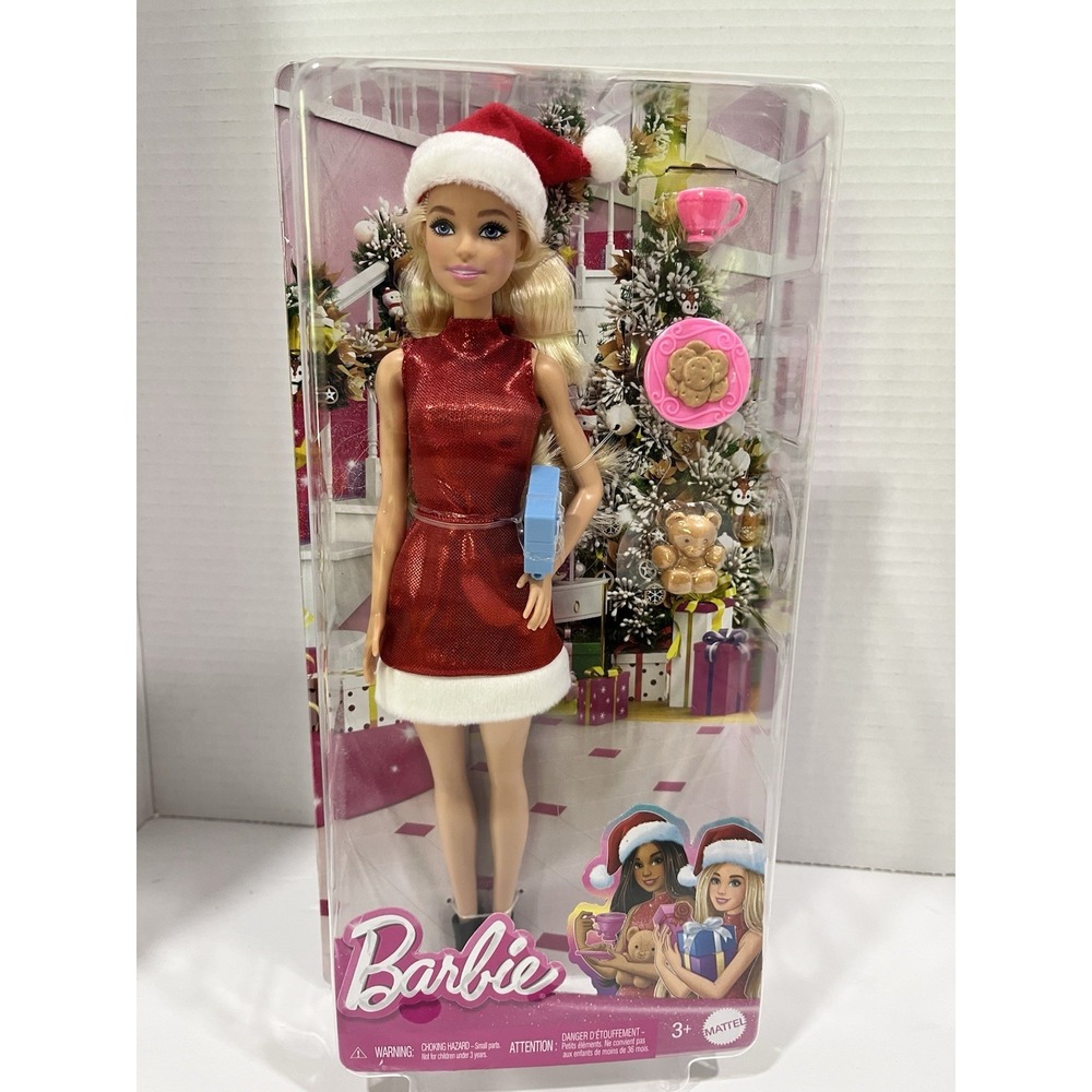 BARBIE DOLL HOLIDAY RED DRESS SANTA HAT BLONDE CHRISTMAS ACCESSORIES COOKIES NEW